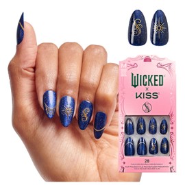 WICKED X KISS Press On Nails Almond, ‘Shiz Chemistry Club’, Blue, Medium, Waterproof, Chip Proof, Smudge Proof, 28 Fake Nails, Pink Gel Nail Glue (2g), Mini Nail File, & Manicure Stick