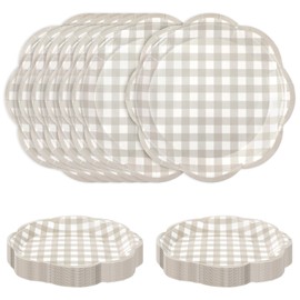 60Pcs Fall Gingham Paper Plates, Light Gray, 7 Inch