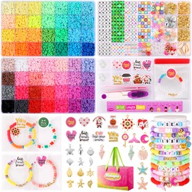 Funtopia Clay Beads Bracelet Making Kit, 56 Colors Friendship Bracelet Making Kit with Letter Beads, Flat Polymer Beads with Charms Pendants, Stickers and Tools Storage Box DIY Craft for Kids Adults