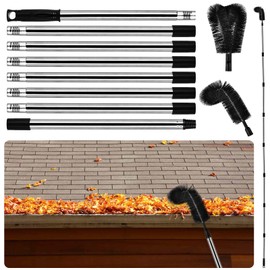 10.5FT Gutter Cleaning Tools from the Ground, Adjustable Long Handle Gutter Cleaner Include 8 Stainless Steel Telescoping Poles & 2 Gutter Cleaning Brush Easily Remove Leaves and Debris from Gutters