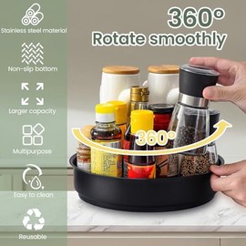 31.5 cm Turntable Refrigerator, 360 Degree Kitchen Turntable Organiser, Stainless Steel Lazy Susan for Spices, Cosmetics, Bottles, Cupboards, Tabletops, Bathrooms (Black)