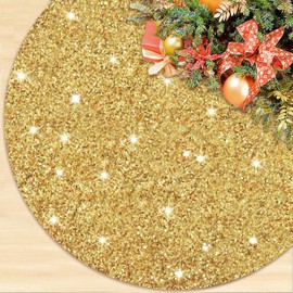ROMANKAS Gold Christmas Tree Skirt 46 Inch Sequin Tree Skirt Luxury Velvet Tree Mat Sparkle Merry Christmas Tree Skirts Golden Xmas Tree Skirt Collar for Winter Holiday Gold Christmas Tree Decorations