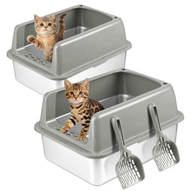 Kirecoo 2 Pack Stainless Steel Litter Box with Lid, Medium Enclosed Metal Cat Litter Box Pan High Sided, Easy Clean Anti-Leakage Litterbox Tray for Cats, Kittens or Multicat, Bunny, Scoop Included