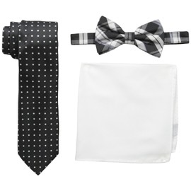 Nick Graham Men's Plaid Neck Polka Dot Bow Tie and Solid Pocket Square, Black/White, One Size