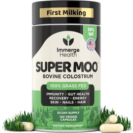 Super Moo Grass Fed Bovine Colostrum - 120 Capsules - Gut Health, Muscle Recovery, Energy, Hair, Skin and Immune Supplement | 50% IgG Cow Colostrum for Humans | Superfood, Gluten Free, Unflavored.