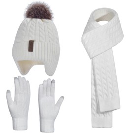Winter Hat Gloves Scarf Set for Kids Earflap Beanie with Cute Pom Knit Boys Girls Children Baby Toddler White Warm Wool Fleece Lining 10 11 12 13 14 Years Old