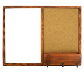 Dry Erase White Board and Cork Board, Magnetic Whiteboard & Bulletin Board Combo, 17.7"×23.6"，Wall-Mounted Mail Sorter & Key Hooks, Solid Pine Wood Walnut Brown Frame(Mail BB-BN-4560)