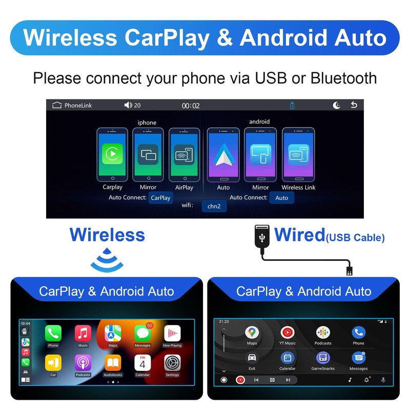 Wireless Carplay Single Din Touchscreen Radio Wireless Android Auto, Car