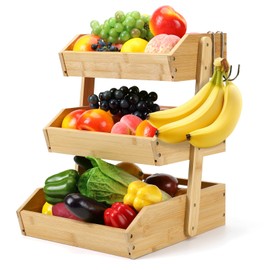 SYTOIGH 3-Tier Bamboo Fruit Basket for Kitchen Counter – Large Space Saving Fruit & Vegetable Organizer with Banana Hanger, Sturdy Durable Storage