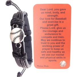 Westmon Works Men's Baseball Bracelet Prayer Set Metal Ball Charm on Leather with Holy Card