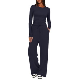 Darong Two Piece Sets for Women Fall Outfits Lounge Sets Crew Neck Tops Wide Leg Pants Vacation Travel Outfits 9065A Dark Blue XS