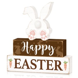 Happy Easter Bunny Table Sign Decorations, Easter Wooden Block Tabletop Centerpiece Signs, Rustic Farmhouse Spring Bunny Holiday Decorations for Tiered Tray Home Decor 3 Layered
