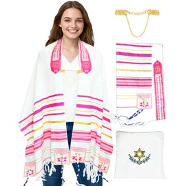 Zivosely Tallit Prayer Shawl Set for Men and Women, 72” x 22” Royal Pink Tallit with Golden Clip Chain, Tzitzits and Storage Bag, Complete Set Jewish Gift Idea for Any Occasions