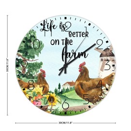 Wooden Wall Clock Non-Ticking Sweep Movement Life is Better on The Farm Country Wall Clocks Hen Art Cockerel Rooster Fireplace Decor for Restaurant Patio Pool 12 Inch