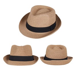 Straw Fedora Sun Hat for Kids Roll Up Short Brim Trilby Hat Panama Beach Hat (Khaki)