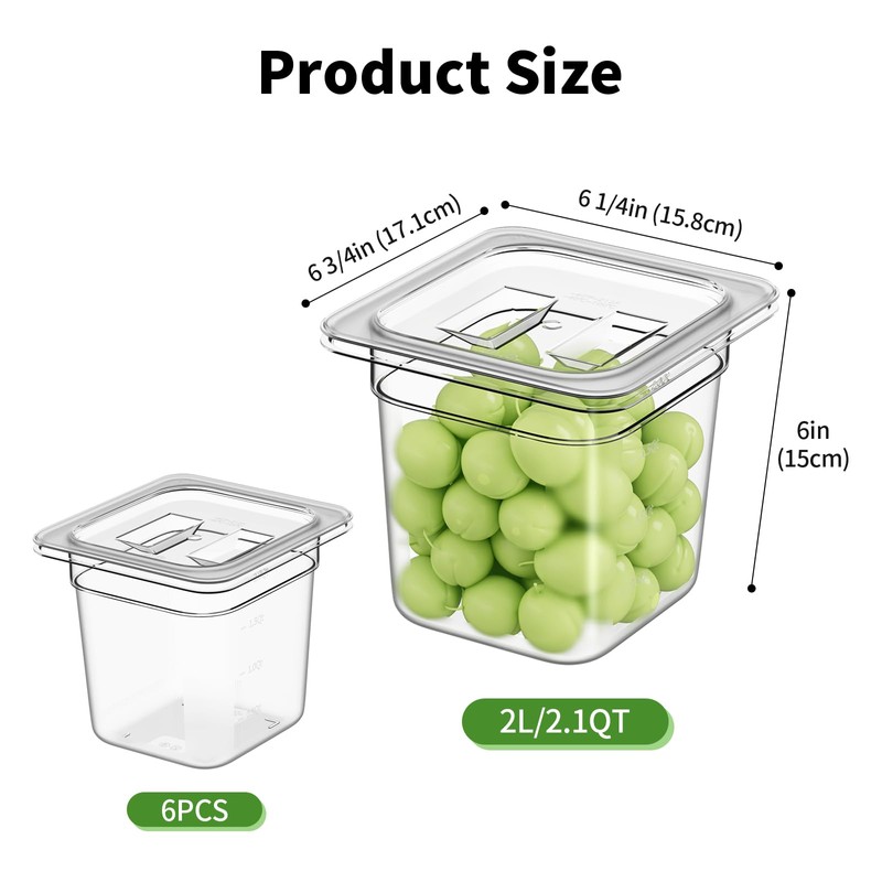 FORITRUE 1/6 6'' 6 Pack Plastic Food Pans With Lids,
