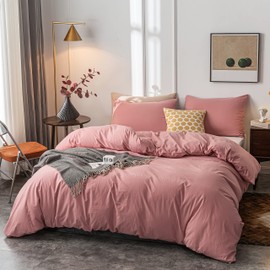 Janlive Washed Cotton Duvet Cover Twin Ultra Soft 100% Cotton Solid Color Rose Duvet Cover Set with Zipper Closure -2 Pieces Pink Bean Paste Twin