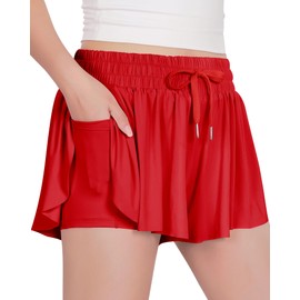 Witwot Butterfly Shorts Girls, 2-in-1 Teen/Kids Girl Flowy Short，5-6 Years, Red