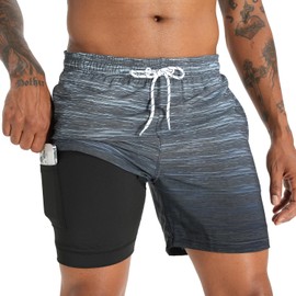 iCKER Swimming Trunks Men's Compression Liner 2 in 1 Swimming Shorts Board Shorts Quick-Drying Beach Shorts, Grey Stk270
