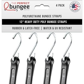 The Perfect Bungee 12" Heavy Duty Polyurethane Bungee Strap, Made in The USA, 4 Pack, Black