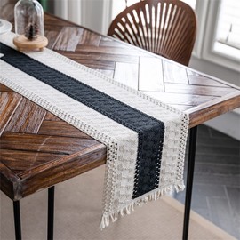 LOMOHOO Macrame Table Runner Farmhouse Natural Burlap Table Runner Cotton Lace Boho Beige Table Runner with Tassels for Bohemian Rustic Wedding Bridal Shower Home Dining Table Decor(Black,12"x108")