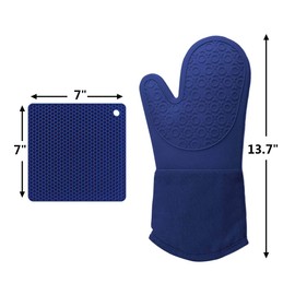 ALLIE ZENG Extra Long Heat Resistant Silicone Oven Mitts Heavy Duty Cooking Gloves and Hot Pads Potholders for Kitchen Baking Cooking, 4-Piece Set, 13.7 Inch Navy Blue