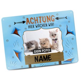 PR Print Royal Tin Sign with Cat Photo, Name & Saying - Achtung! Hier wachen wir - Gift Idea for Cat Owners / Door Sign / Cat Sign - Landscape Format Sign A4