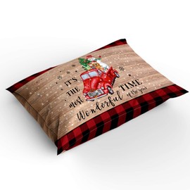 3 Piece Comforter Cover Set Queen, Christmas Truck with Xmas Tree and Snowman Red Lattice Border Duvet Cover Set Soft Bedding Set for Kids Teens Children Adults (1 Duvet Cover and 2 Pillowcases)