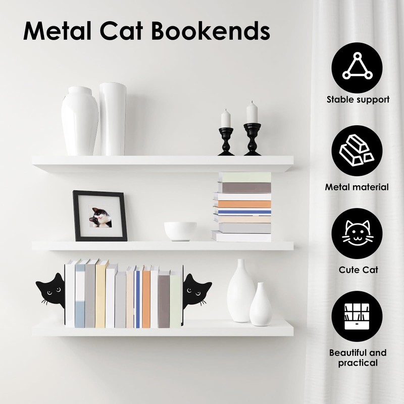 2Pcs Peeping Cat Metal Bookends Cute Cat Book Ends for