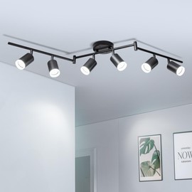 6 Ways Track Lighting, Rotatable Heads Track Light Kit, Track Lighting Fixtures Ceiling with Acrylic Cover, Modern Black Ceiling Spotlight for Kitchen, Living Room, Hallway(Bulbs Not Included)