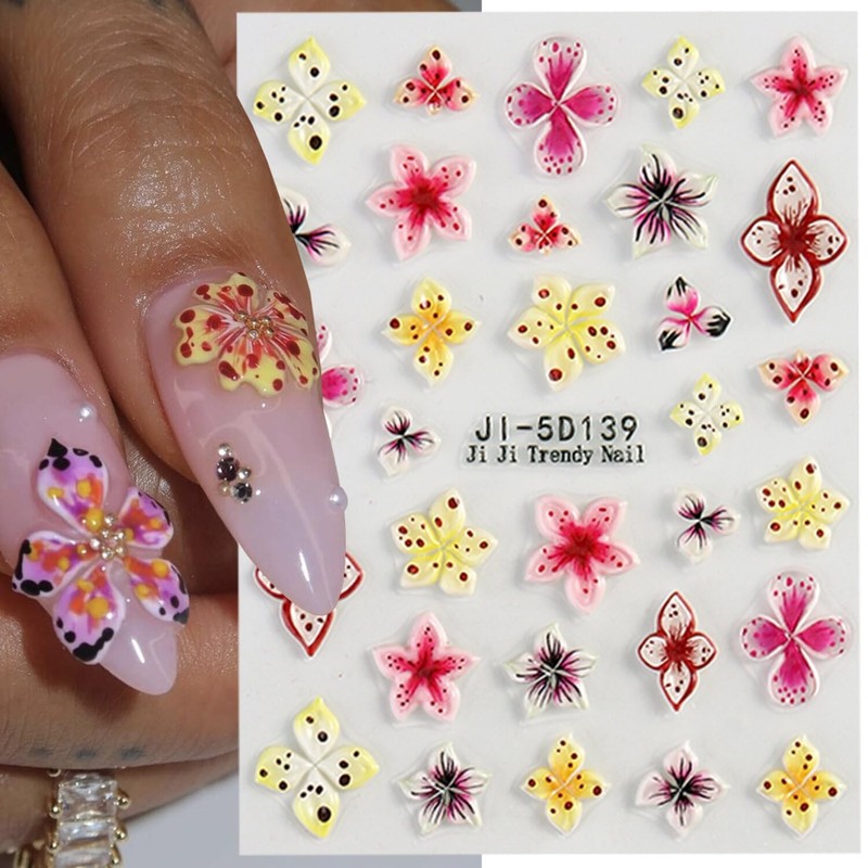4 Blätter farbenfrohe 3D Blumen-Nagel-Sticker, selbstklebend, Nagelkunst-Design-Zubehör, hohe Qualität