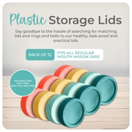 Mason Bottle Plastic Storage Lids (12-Pack) – Fits Regular-Mouth Mason Jars – Silicone Inner Seal, Rust-Proof, BPA-Free, Made in USA (Jar Not Included)