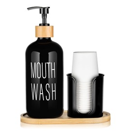 BYAWAY Black Mouthwash Dispenser for Bathroom - 16oz Pump Glass Bottle with Cup Holder, 14 Mouthwash Cups,Bamboo Tray, and Funnel - Bathroom Mouthwash Container
