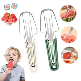 JAMSSOW 2PCS 3-in-1 Watermelon Fork Slicer Cutter,2024 Upgraded Stainless Steel Watermelon Popsicle Cutter,Watermelon Cutter Slicer Tool,Portability Fruit Fork for Camping Kitchen Gadgets(Green+Beige)