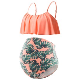 DEBELLY Maternity Bikini Set Pregnancy Two Piece Swimwear with Ruffle Top High Waist Bottom Bathing Suits,Orange Leafs,XXL