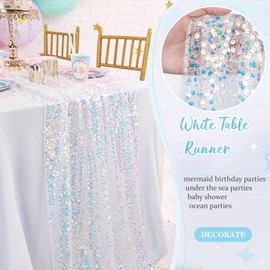 White Table Runner: 25x120 Inches Long 10FT - Iridescent Sequin Table Runner Glitter Fabric for Party Boho Wedding Summer Mermaid Birthday Decorations