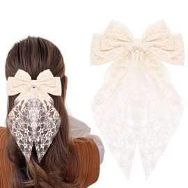 White Hair Bow Barrettes for Women Brides Wedding Hair Bow Accessories Large Off-White French Barrettes Bowknot Hair Clips Hairpins with Long Ribbon Headdress Headpiece