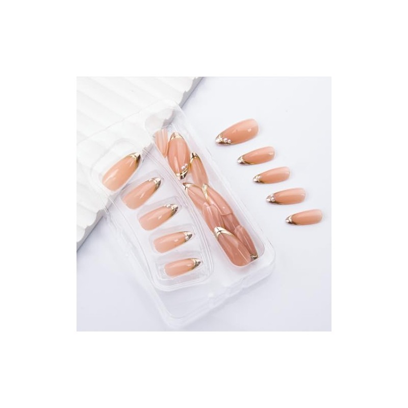 Uñas postizas con punta francesa dorada, almendra, color nude brillante,