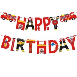 Fire Truck Happy Birthday Banner For Kids and Adult Firefighter Fire Engine Rescue Birthday Party Sign, Fire Truck Party Supplies For Boys and Girls Red