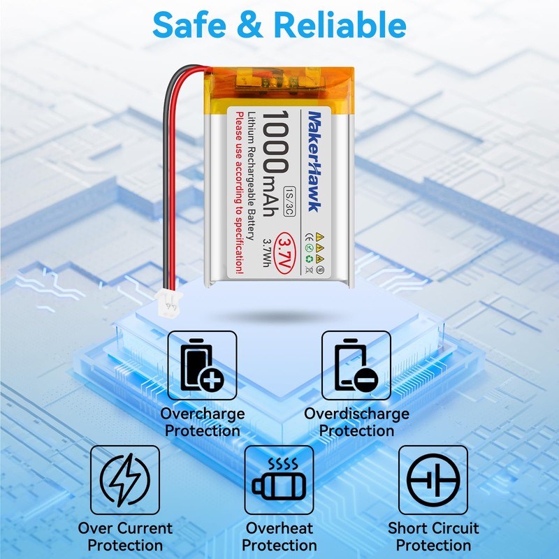 MakerHawk 3.7V Lipo Battery 1000mAh 803040 Rechargeable Lithium Polymer Battery