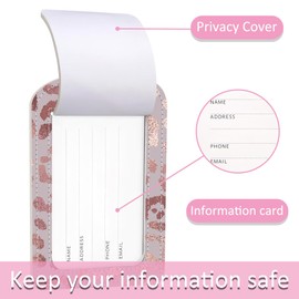 iapodiad Luggage Tags for Suitcase,2 Pack Rose Gold Leopard Luggage Tag,PU Leather Id Label Luggage Tags with Stainless Steel Loop and Privacy Cover for Women Men Teens Travel