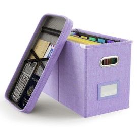 Oterri File Organizer Box with Lid, Hanging Filing File Box with Mesh Pocket, Document Organizer Box for Letter Files, Portable Storage Box with Smooth Sliding Rail for Office&Home (1 PCS, Lavender)
