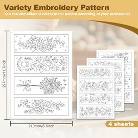 DOODLREAM 16Pcs Flower Vine Bookmark Embroidery Pattern Stabilizer, 21 x 29.7cm Bookmark Corner Soluble Stick and Stitch Embroidery Sticker, 4 Sheets Floral Water Hand Sewing DIY Embroidery Paper