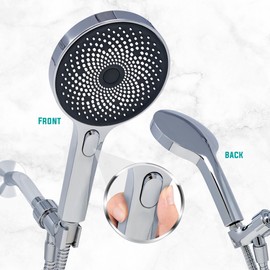 Metpure High-Pressure Handheld Shower Head with Easy Clicker - Multiple Spray Patterns. 5" Large Head for Waterfall Showering Experience. Stainless Steel Hose & Adjustable Mount Holder. Chrome