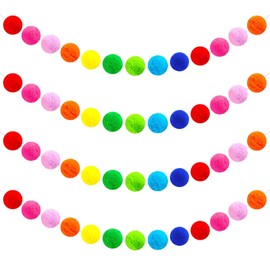 4 Pcs Colorful Easter Pom Poms Garland, 6Ft Long 30 Balls Rainbow Felt Ball Garland, Pastel Pom Poms String for Birthday Party Wedding Easter Wall Decor