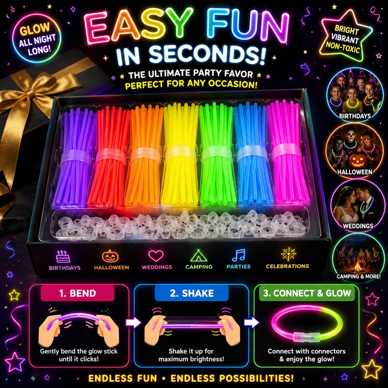 100-Pack Glow Sticks for Party Favors – Connectable Light Up