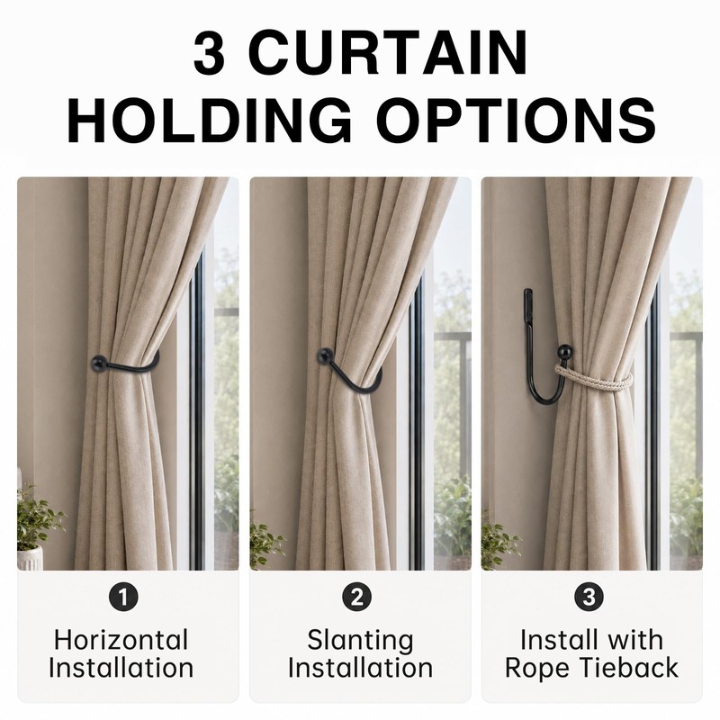 HOJLKLD Curtain Holdbacks, 4 Pcs Wall Mounted Metal Curtains Hook