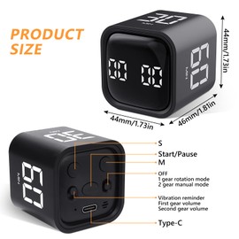 GuDoQi Multi-Function Cube Timer, 5/10/30/60 Min & Custom Count Down, Included Pause & Resume Feature, Silent, Vibrate & Adjustable Sound Alarm for Productivity in Tasks, Study & Kitchen, Black