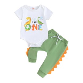 Baby Boy Birthday Outfit, 1st-5th Dinosaur Print Short Sleeve Romper Elastic Waist Shorts/Joggers Pant Toddler Summer Birthday Set (White One, 12-18 Months)