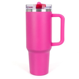 BELYQLY 40 oz Flip Straw Tumbler with Leakproof Lid, Built-In Straw & Handle, Insulated Stainless Steel Cup (Pink, 40 oz)